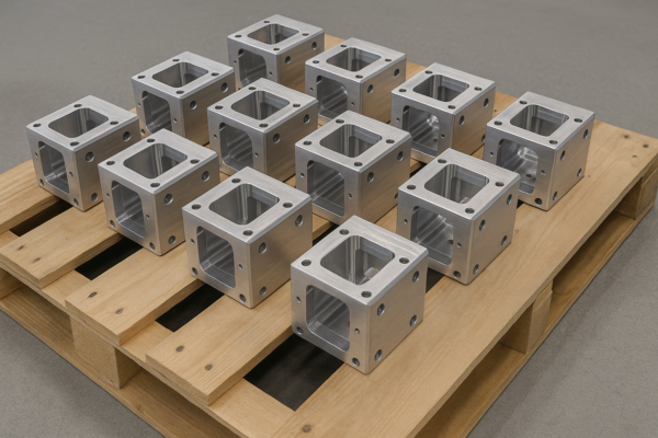 A high-resolution image showing twelve precision-machined CNC aluminum blocks uniformly positioned on a clean wooden export pallet. The cubes have detailed cavities, chamfered edges, and visible screw holes, indicating high manufacturing accuracy and readiness for international shipment.