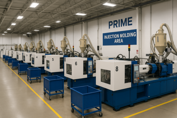 A high-resolution image showing the PRIME injection molding workshop, with multiple blue and white injection machines lined up in order. Overhead material feeders are connected to each unit. The workspace is clean, well-lit, and professionally organized.