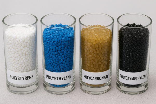 A high-resolution image displaying four transparent glass cups filled with different types of plastic granules—white Polystyrene, blue Polyethylene, amber Polycarbonate, and black Polyoxymethylene—neatly arranged on a light gray surface, ideal for showcasing precision injection molding materials.