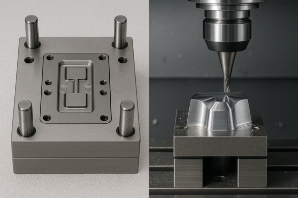 A high-resolution split-screen photo showcasing a precision injection mold block with alignment pins and cavity details on the left, and a CNC milling machine cutting a metal component with a sharp end mill on the right. The image highlights the contrast between molding and machining techniques.