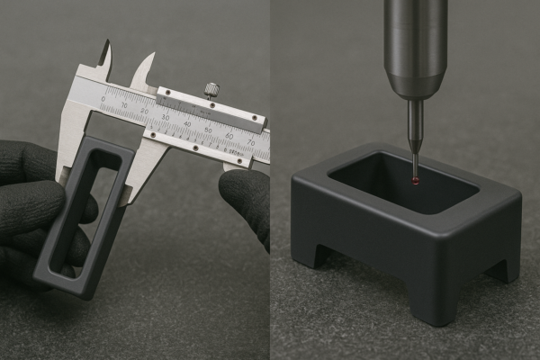 A precision-focused photo displaying two methods of part inspection: the left side captures a technician measuring the outer dimensions of a plastic part with a vernier caliper, while the right side shows a coordinate measuring machine (CMM) probe accurately inspecting the same part. The background and lighting emphasize technical clarity and quality control standards.