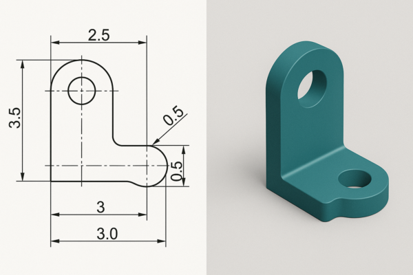 A high-resolution split image featuring a customer-submitted 2D technical drawing of an L-bracket on the left, with precise dimensions and annotations, alongside a corresponding 3D modeled version of the same bracket on the right. The image clearly demonstrates the transformation from 2D design to 3D visualization in product development.