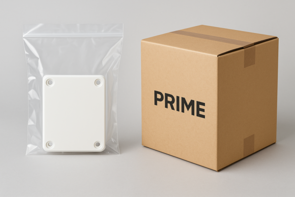 A clear and professional image of PRIME’s packaging procedure, featuring a product sealed in a transparent dustproof plastic bag on the left and a durable, tape-sealed kraft paper box with the "PRIME" logo on the right. The setup emphasizes protective packaging and brand consistency on a neutral background.