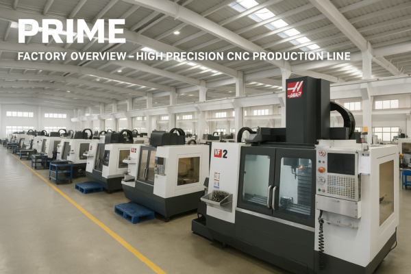 Prime factory overview – A bright, modern CNC machining facility with multiple high-precision Haas CNC machines neatly lined up in a spacious, well-organized production area.