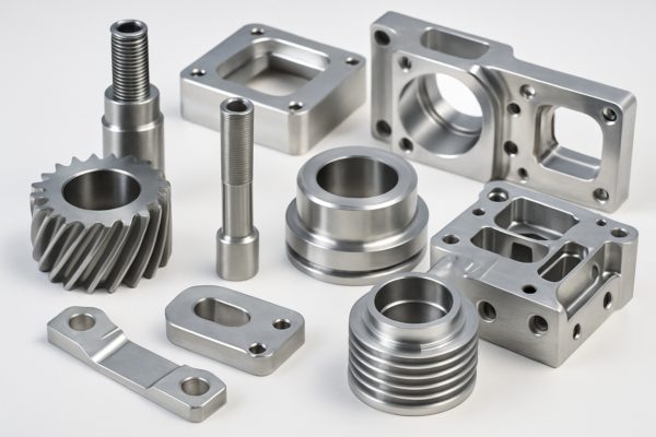This high-resolution image presents a detailed showcase of automotive CNC machined parts. The photo features polished gears, threaded shafts, and custom-shaped housings, all neatly arranged on a bright background, highlighting the precise workmanship and surface finish of each metal component.