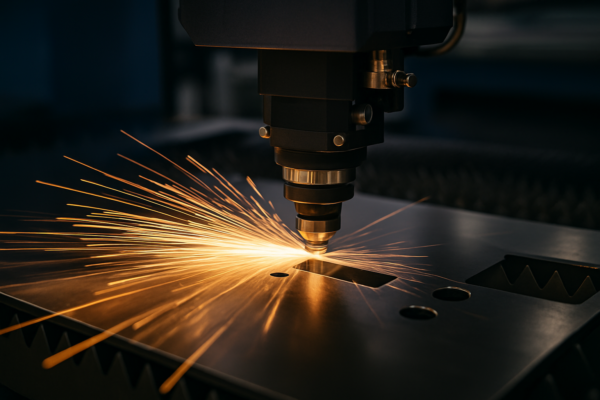 Laser cutting machine slicing through metal sheet with intense sparks, in a clean industrial setting.