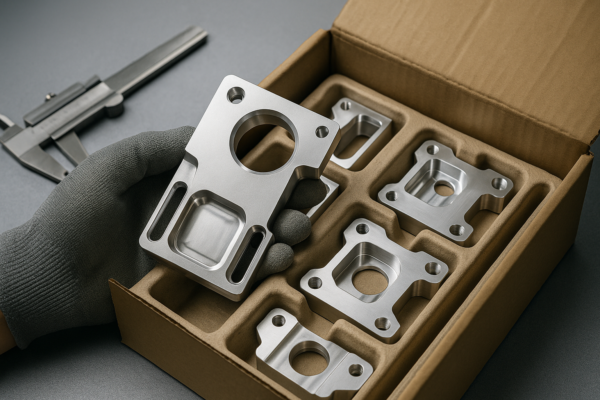 CNC machined parts being inspected by hand before packaging, arranged in a box with custom molded trays.