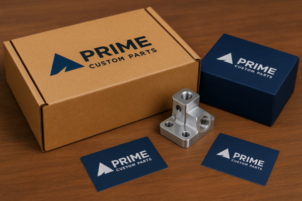 Custom branded packaging and precision part ready for shipment – cardboard and blue boxes with a CNC component on a wooden surface.
