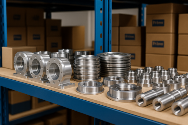 Prime CNC parts warehouse – shelves with precision-machined components neatly arranged alongside stacked shipping cartons.