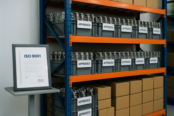 A section of Prime’s warehouse with racks filled with quality-inspected metal parts and packaging boxes, and an ISO 9001 certificate on display.
