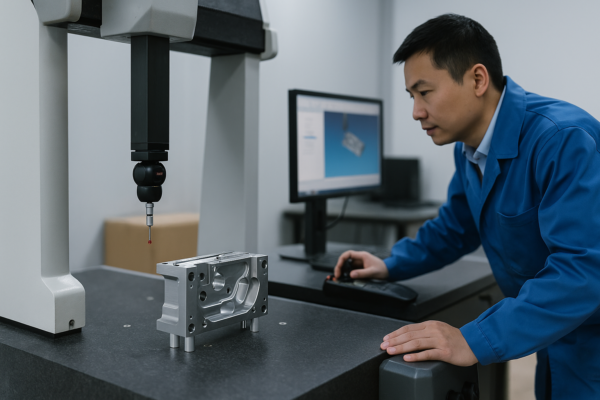 Engineer using a CMM machine to inspect a precision CNC-machined metal part in a quality control laboratory.