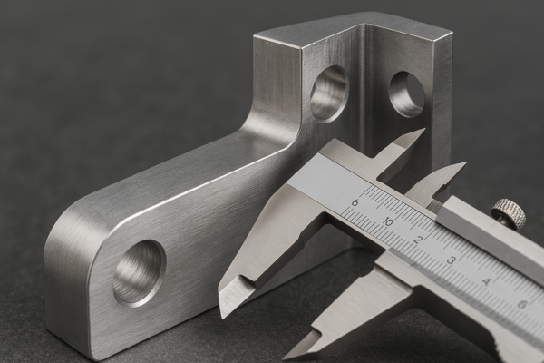 Close-up of a CNC-machined metal part with a smooth, brushed finish, being measured by a precision caliper for dimensional tolerance.