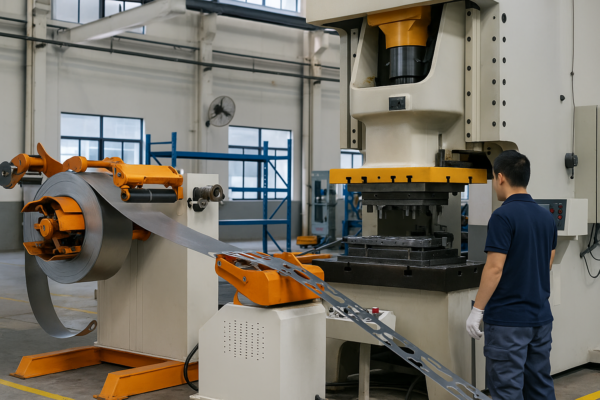 A technician monitors an automated stamping production line at Prime, where an orange coil feeder delivers metal strip into a hydraulic press with an integrated stamping die.