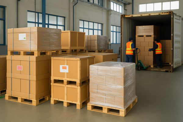 Prime’s export packaging area with stacked wooden pallets, reinforced shipping cartons, shrink-wrapped loads, custom colored labels, and workers loading boxes into a shipping container.