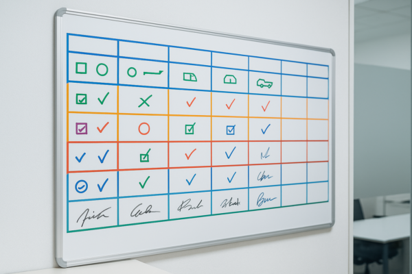 A production workflow whiteboard in an office, organized with color-coded lines, shapes, checkmarks, and signature-like markings representing process steps, checkpoints, and approvals.