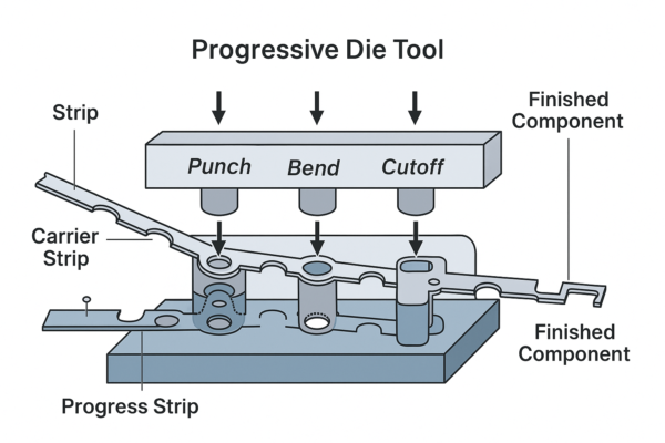 Progressive die tool illustration with labeled strip flow, carrier strip, and each operation stage leading to finished stamped components.
