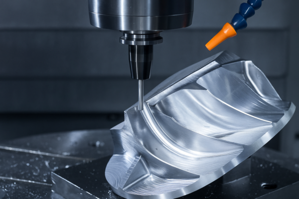 A high-definition close-up showing a five-axis CNC machine performing high-speed milling on a complex aerospace-grade alloy component. The image captures the sharp cutting tool, mirror-like surface, and real-time coolant application during the machining process.