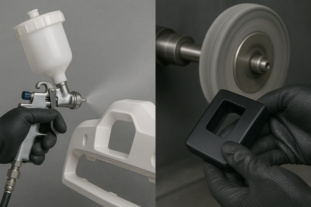A high-resolution image divided into two sections: the left side captures a gloved hand spray-painting a white plastic component using a spray gun, while the right side shows a black plastic part being polished against a rotating buffing wheel. Both scenes highlight the surface finishing steps in plastic part production with clear detail and neutral background.