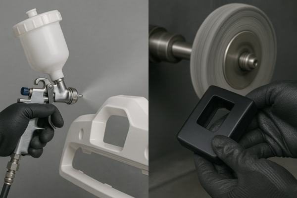 A high-resolution image divided into two sections: the left side captures a gloved hand spray-painting a white plastic component using a spray gun, while the right side shows a black plastic part being polished against a rotating buffing wheel. Both scenes highlight the surface finishing steps in plastic part production with clear detail and neutral background.