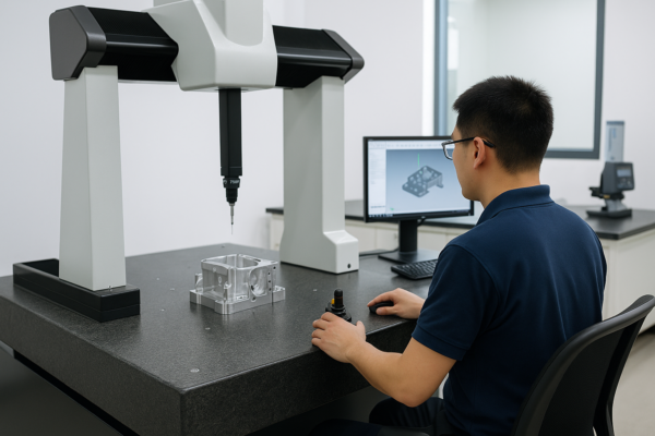 Prime ISO quality control laboratory – technician operating a CMM to measure a precision-machined metal part in a clean, high-tech lab.