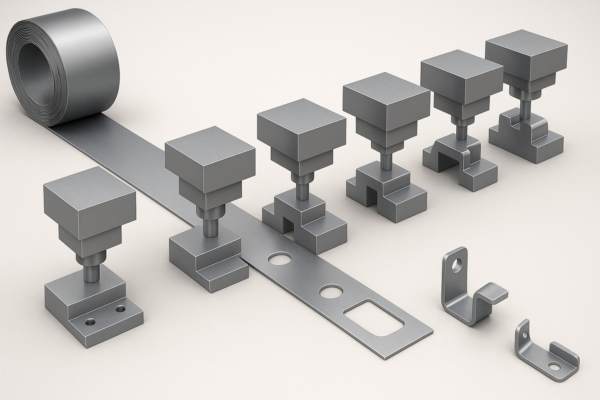 3D diagram of a progressive stamping die process showing a metal strip being shaped step by step into a finished precision metal part.