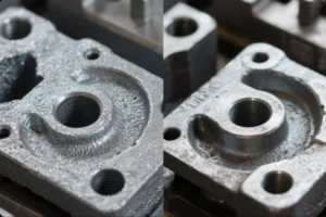 Close-up of an OEM cast metal part with threaded holes and machined surfaces, shown in two side-by-side views for quality comparison.