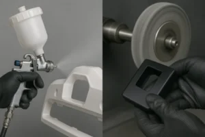 Split image of plastic part surface finishing showing spray painting of a molded housing and polishing a black plastic component on a buffing wheel.