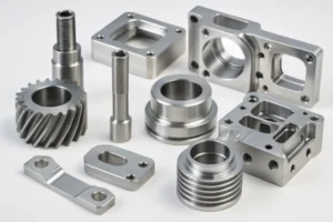 Assorted precision CNC machined metal components including housings, shafts, a helical gear, and turned parts on a white background.