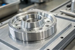 Precision CNC machined metal flange ring with bolt holes on a fixture plate, showing tight tolerances and smooth turned surface finish.