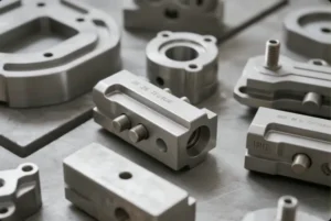 Precision machined aluminum valve block and manifold components with threaded ports, showing tight-tolerance CNC milling for OEM assemblies.