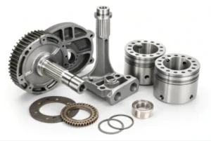 Precision machined engine components including shafts, gears, pistons, and bearings on a white background, showing OEM automotive and industrial parts.