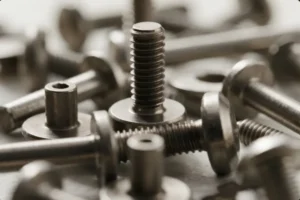 Close-up of black-oxide threaded studs and screws with washers, showing precision industrial metal fasteners for OEM assemblies.