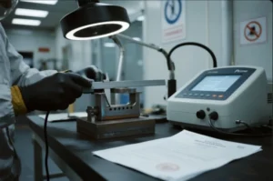 Quality technician measuring a machined metal part with a digital gauge on an inspection fixture under a task lamp in a QC lab.