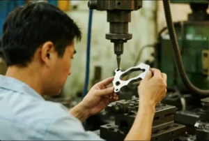 Machinist checking a precision custom metal part on a fixture under a drill press during in-process inspection in a manufacturing workshop.