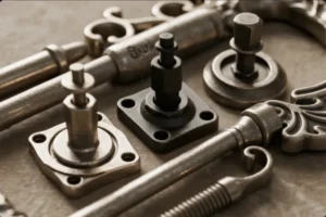 Metal hardware parts with threaded studs, bases, and brackets laid out on a workbench, showing custom machined and forged components.