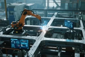 Robotic welding cell performing arc welding on a large metal fixture frame, showing automated welding and process monitoring screens.