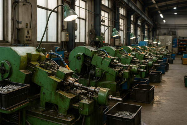 This image shows Prime’s fastener production workshop, featuring multiple green automatic screw machines actively producing metal fasteners like bolts and screws. The workspace is spacious, clean, and organized, with natural light streaming through large windows and storage bins placed alongside each machine.