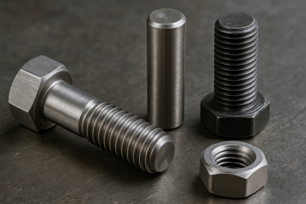 Close-up of four high-precision metal fasteners on a gray industrial surface.