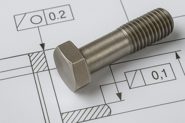 Precision-machined metal bolt resting on a technical engineering tolerance diagram.