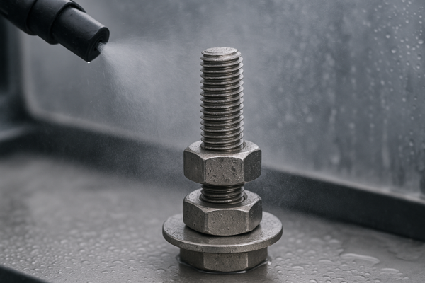 Stainless steel fastener undergoing corrosion resistance testing with water spray in a controlled chamber.