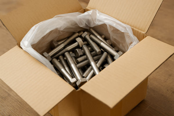 Open cardboard box with stainless steel bolts inside a plastic liner, ready for export.