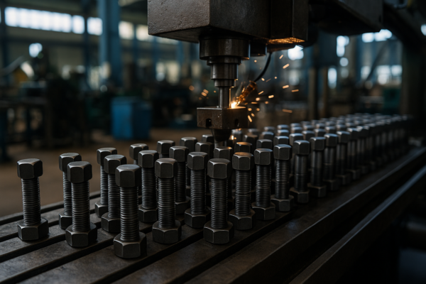 Rows of alloy steel bolts being machined on an active production line with visible sparks.