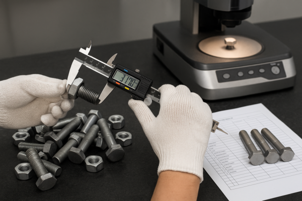 Technician measuring a hex bolt with a digital caliper during quality inspection at a metal fastener factory.