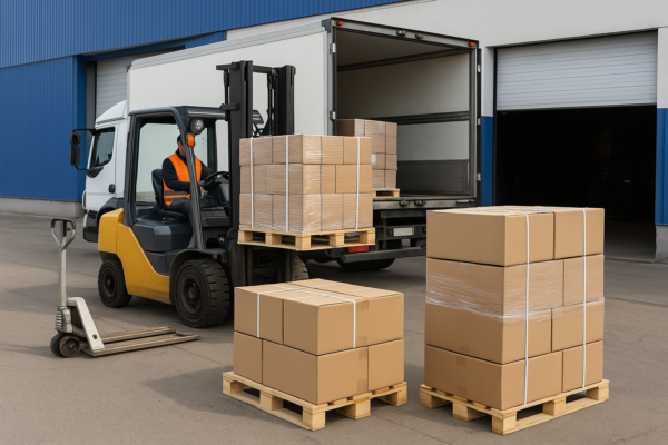 Forklift loading shrink-wrapped cartons of metal fasteners into a logistics truck at a warehouse dock.