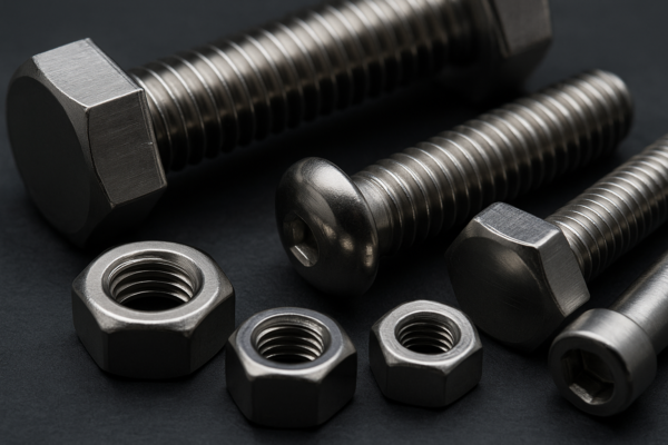 Macro close-up of various steel bolts and hex nuts highlighting thread patterns, head types, and surface finishes.