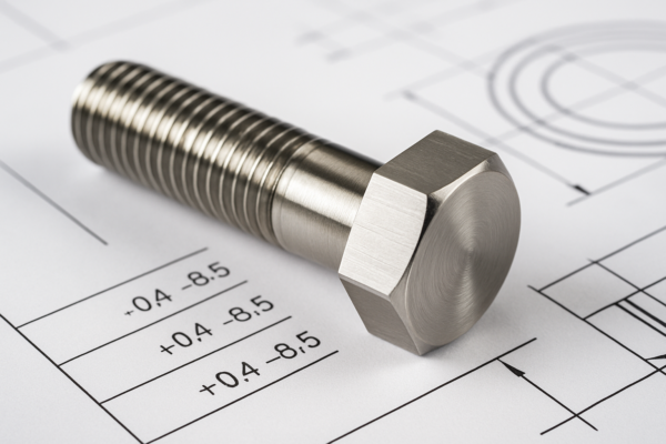 Precision steel bolt placed on an engineering drawing showing detailed dimensions and tolerance markings.