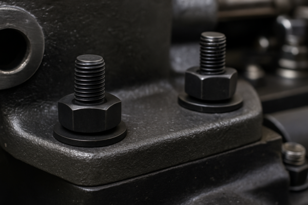 Black carbon steel bolts and washers securing a cast iron component to industrial machinery, demonstrating solid locking strength.
