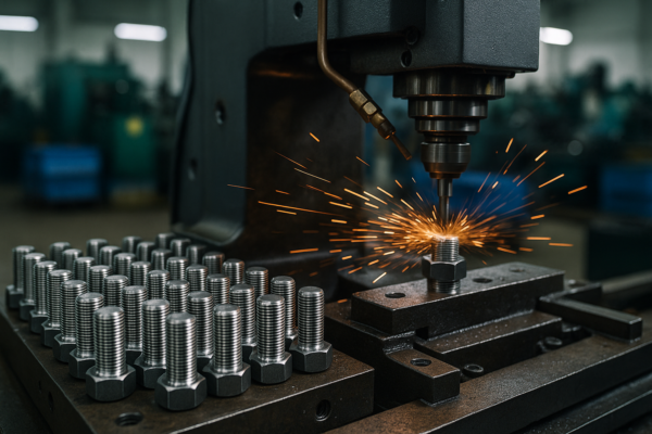 Rows of alloy steel bolts under a CNC milling machine with sparks flying during precision machining.