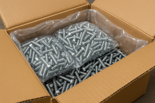 Cardboard export box lined with plastic, containing neatly packed metallic bolts for moisture-resistant shipping.