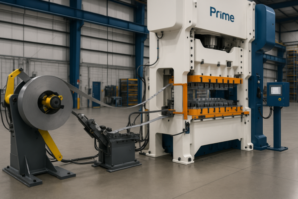 High-resolution image of a progressive stamping workshop equipped with a coil feed system, servo rollers, and visible in-die sensors, featuring a large industrial stamping press in a clean, organized production environment without any text or people.